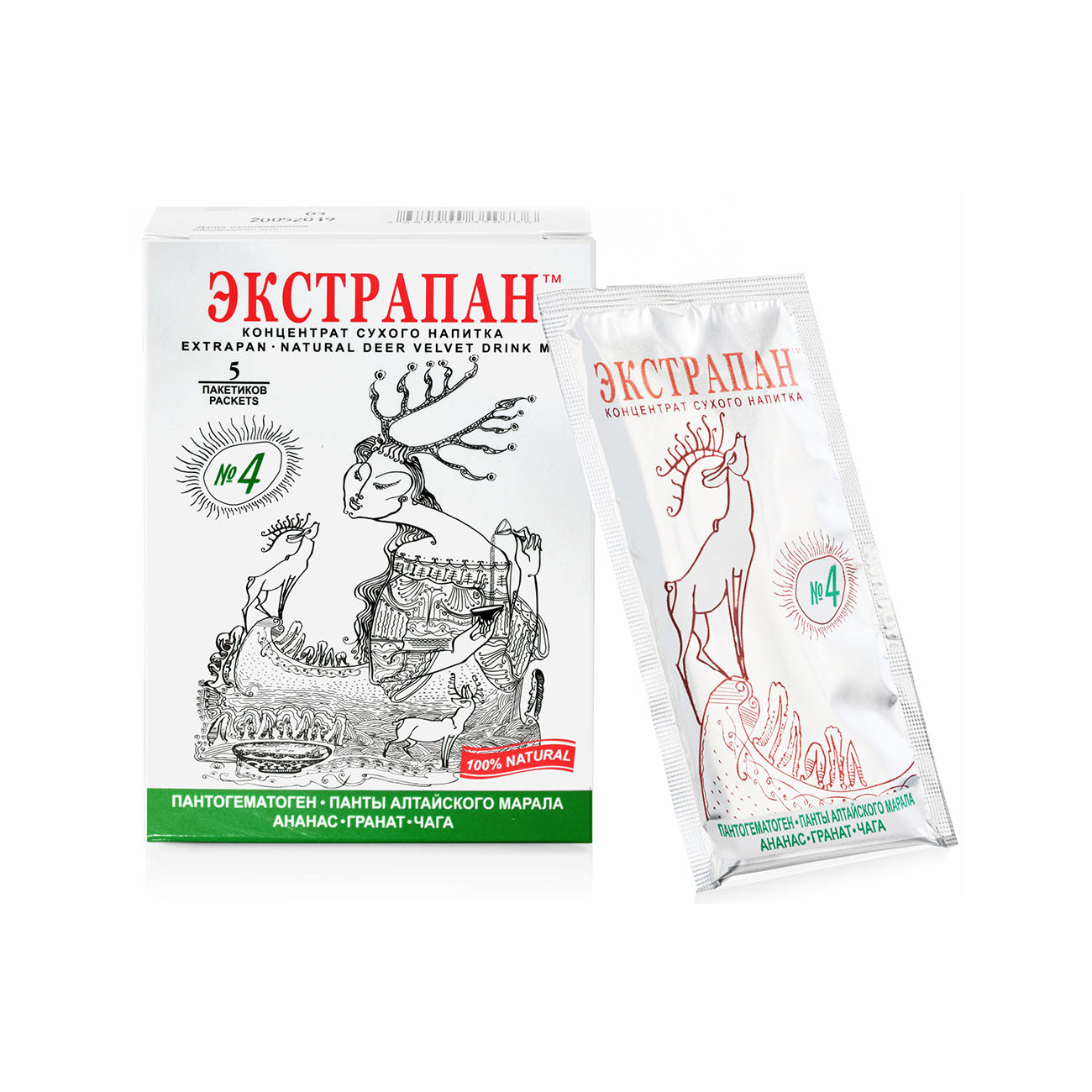ЭКСТРАПАН 4, сухой тонизирующий напиток, панты марала и пантогематоген, чага и солодка, против опухолей, 5 шт. по 14 г