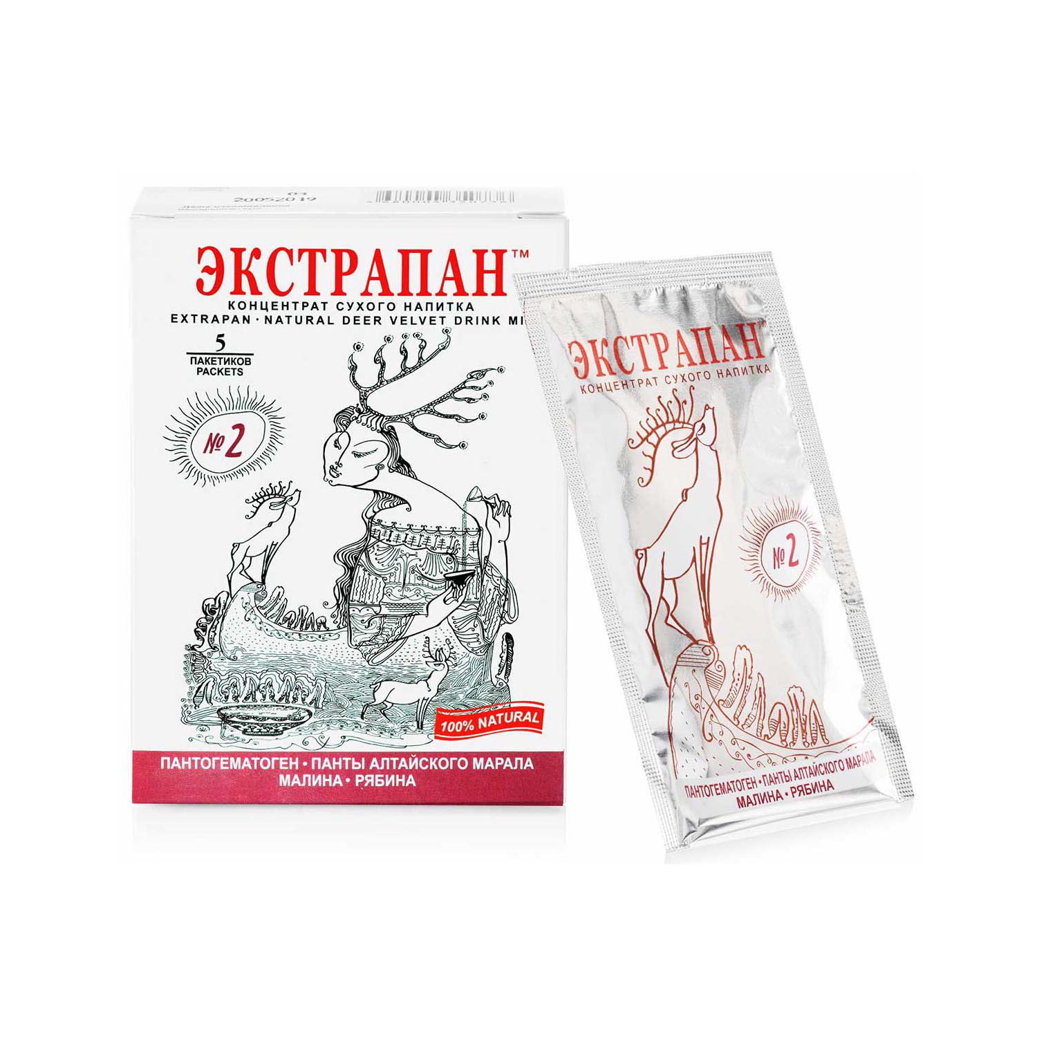 ЭКСТРАПАН 2, сухой тонизирующий напиток, панты марала и пантогематоген, малина и рябина, для пищеварения, 5 шт. по 14 г