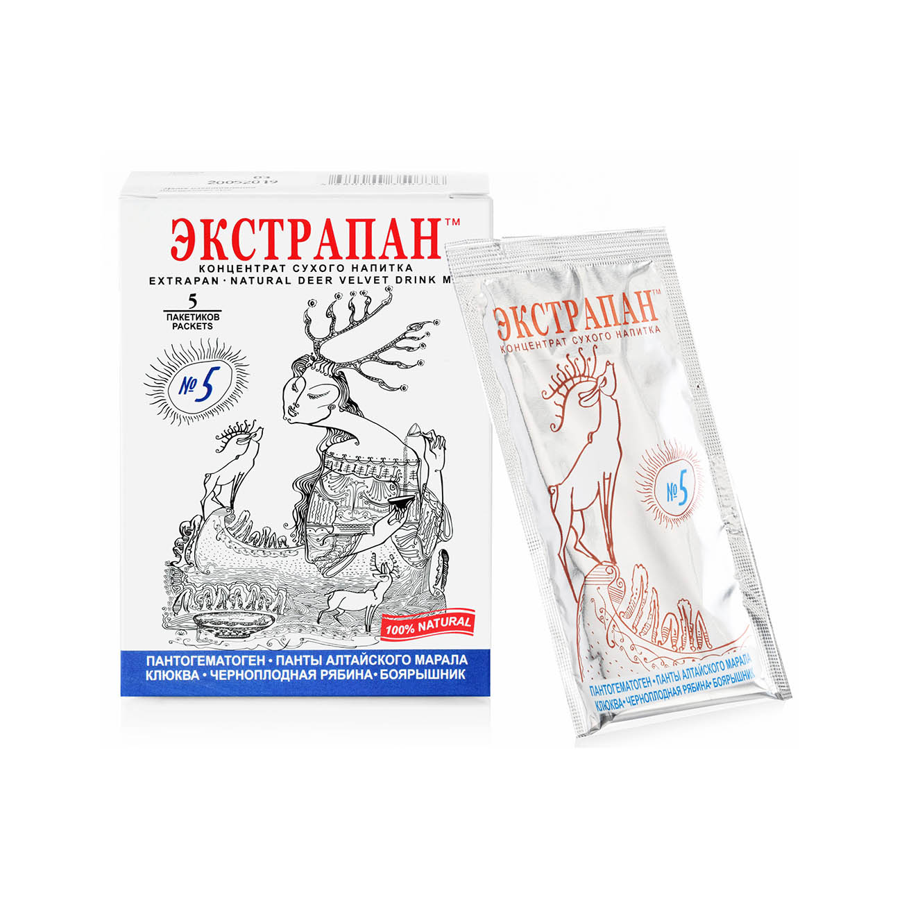 ЭКСТРАПАН 5, сухой тонизирующий напиток, панты марала и пантогематоген, клюква и боярышник, для сердца, 5 шт. по 14 г