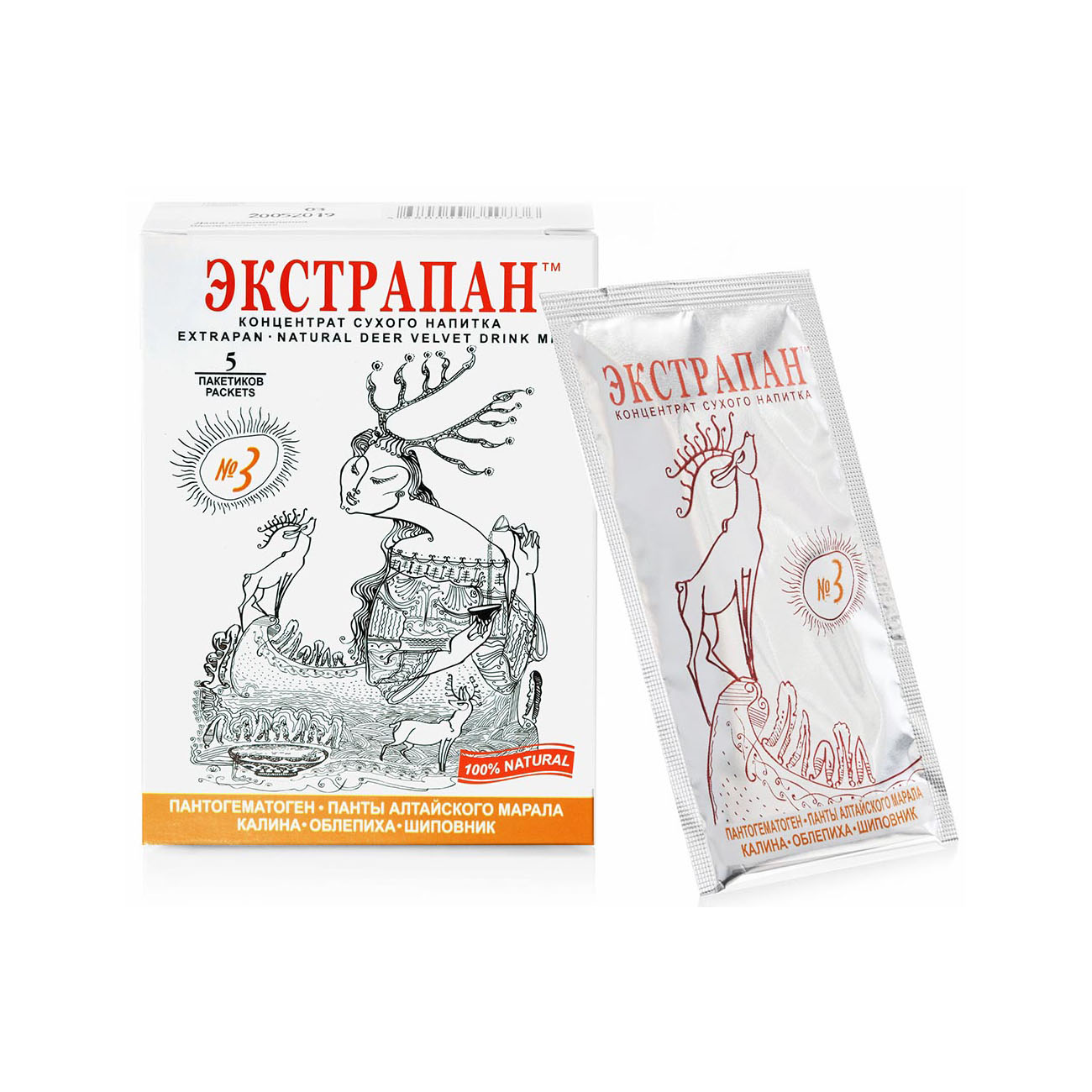 ЭКСТРАПАН 3, сухой тонизирующий напиток, панты марала и пантогематоген, облепиха и витамин С, для иммунитета, 5 шт. по 14 г