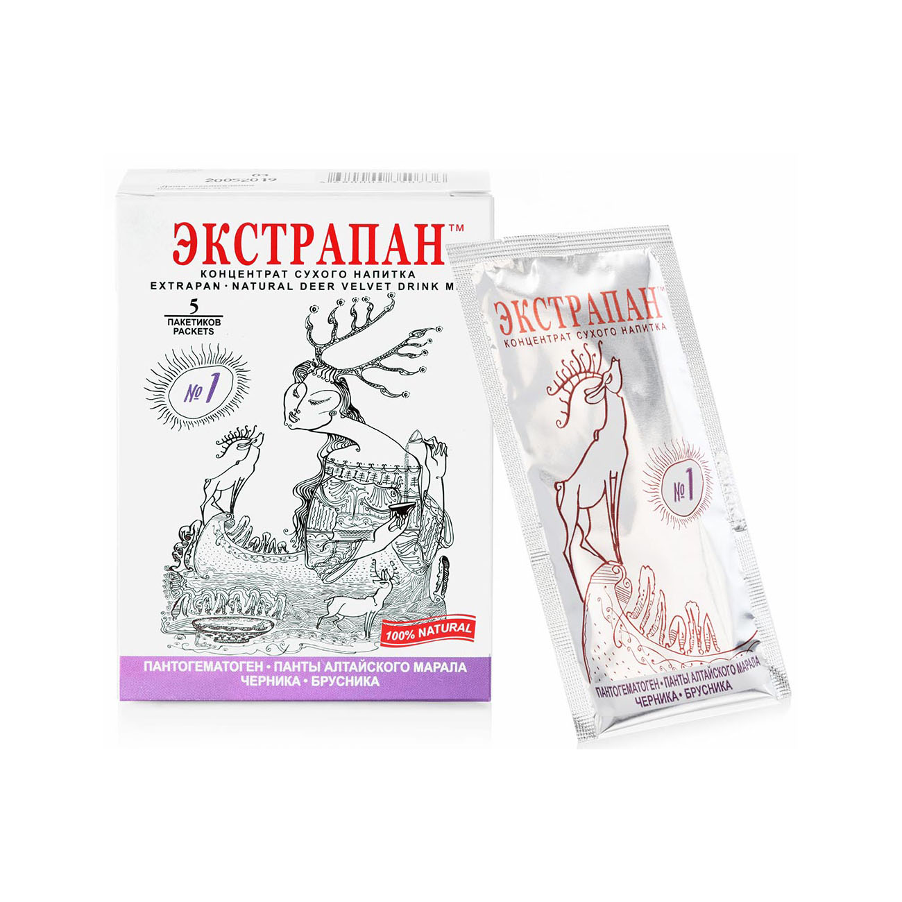 ЭКСТРАПАН 1, сухой тонизирующий напиток, панты марала и пантогематоген, черника, брусника, при диабете, 5 шт. по 14 г